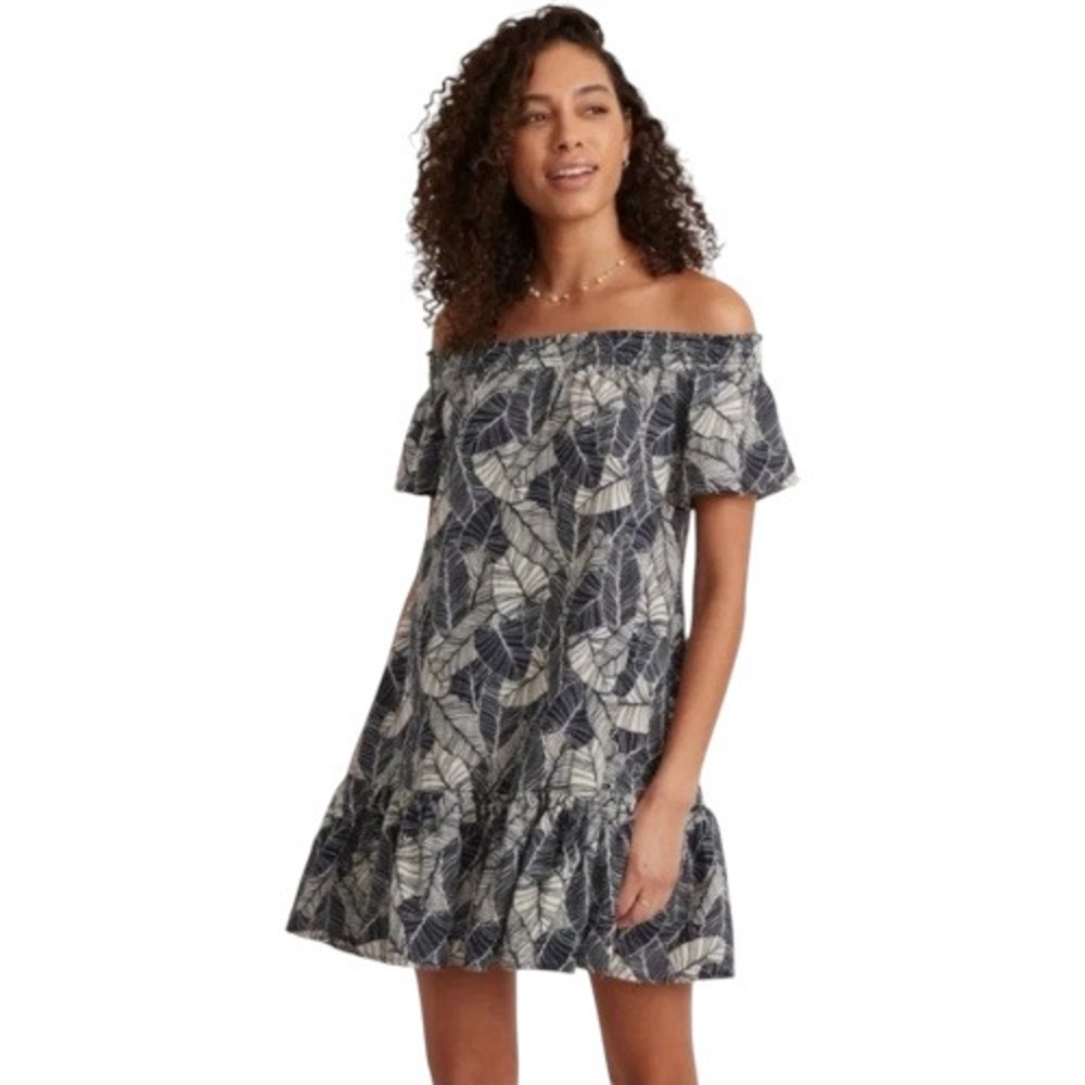 Marine Layer Shirley Navy Blue White Palm Leaf Off Shoulder‎ Ruffle Mini Dress M